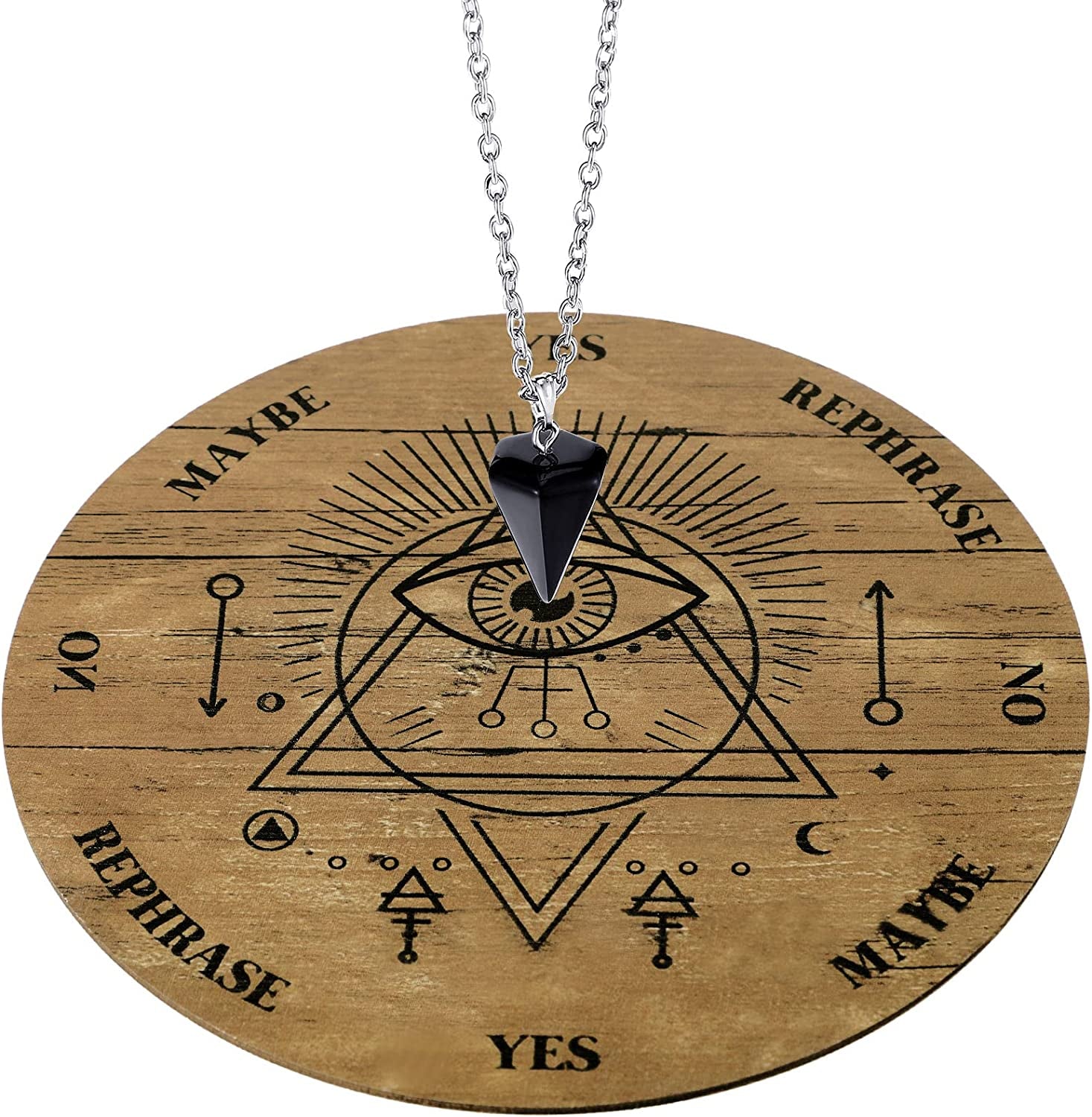 Wooden Pendulum Board Dowsing Divination Pendulum Witchcraft Altar Supplies with Crystal Necklace and Wooden Pendulum Board Metaphysical Message Board Kit, 6 Inch (White)