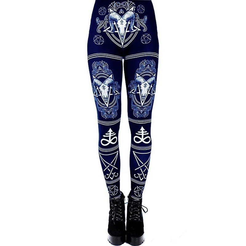 Gothic Ouija Printed Leggings Goat Horn Workout Pants Women Elastic Hexagram Trousers Black Bottoms Female