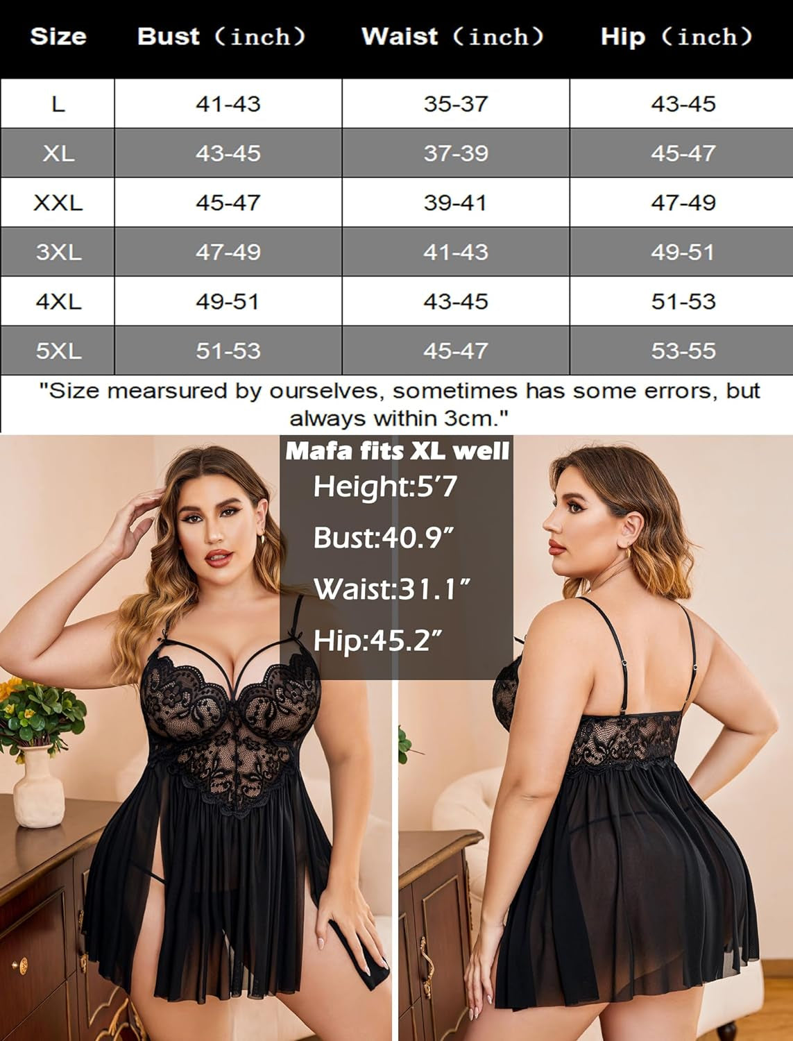 plus Size Lingerie Lace Babydoll Womens Strap Chemise Nightgown V Neck Nighty Mesh Sleepwear Side Slit Nightdress