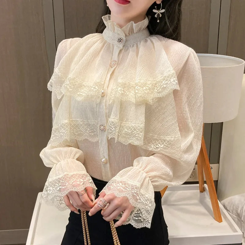 Victorian White Ruffles Stand Collar Lantern Sleeve Medieval Victorian Top Gothic Lolita Blouse Vintage Shirts Women Large Size