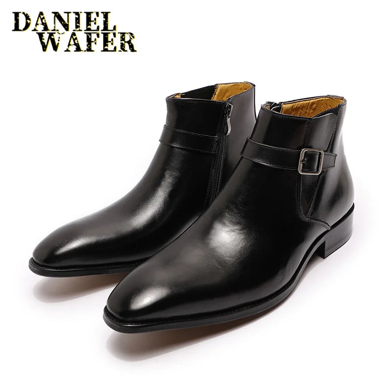 Luxury Men Ankle Boots Leather Shoes Black Blue High Grade Zipper Buckle Strap Chelsea Boot Office Wedding Dress Boots for Men