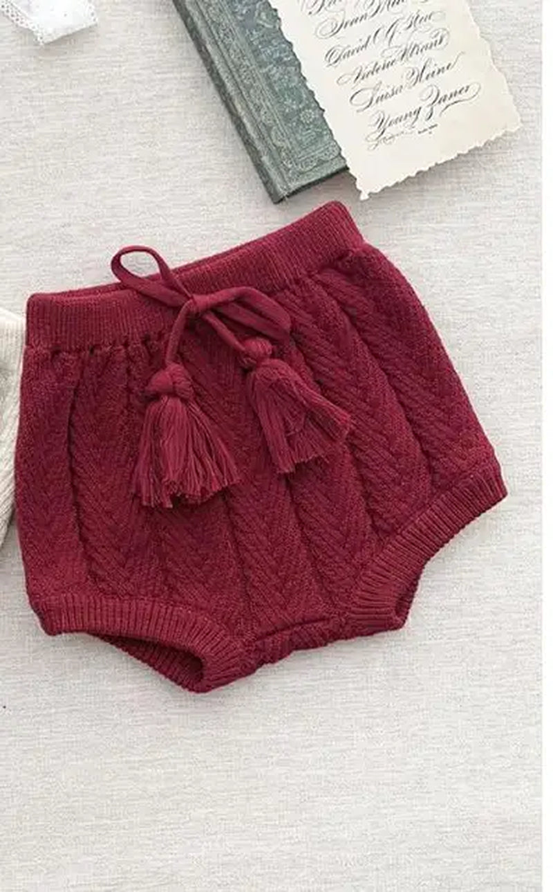 Vintage Baby Shorts Summer Autumn Cotton Knit Elastics Kids Short Pants Cozy Infant Tassel Belt Bloomers Children Warm Clothes