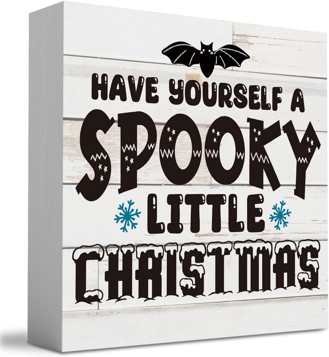 Rustic Winter Have Yourself a Spooky Little Christmas Bat Wood Box Sign, Farmhouse Christmas Santa Artwork Decor, Wood Square Sign Desk Block Signs Home Shelf Office Decoration 5 X 5 Inches