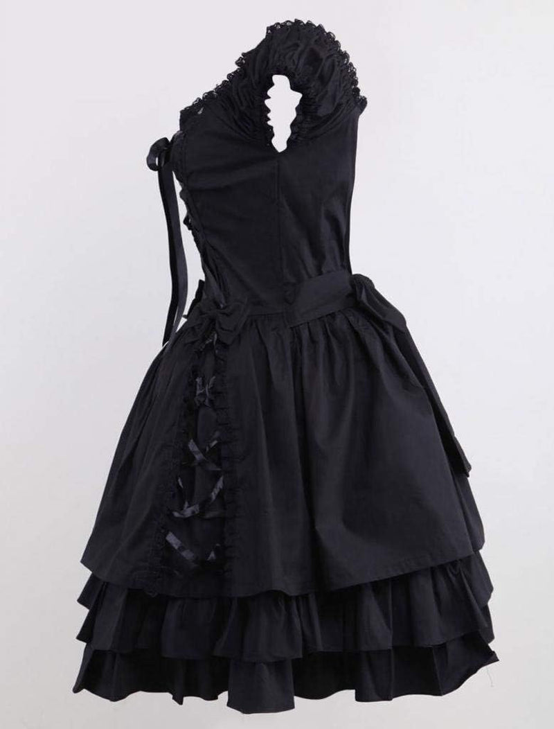 Womens Classic Black Layered Lace-Up Goth Lolita Dress