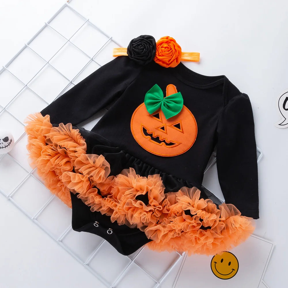 Halloween Baby Costume Girls Rompers Dresses Newborn Pumpkin Black Jumpsuits Dress Infant Cartoon Printed Children Party Outfit