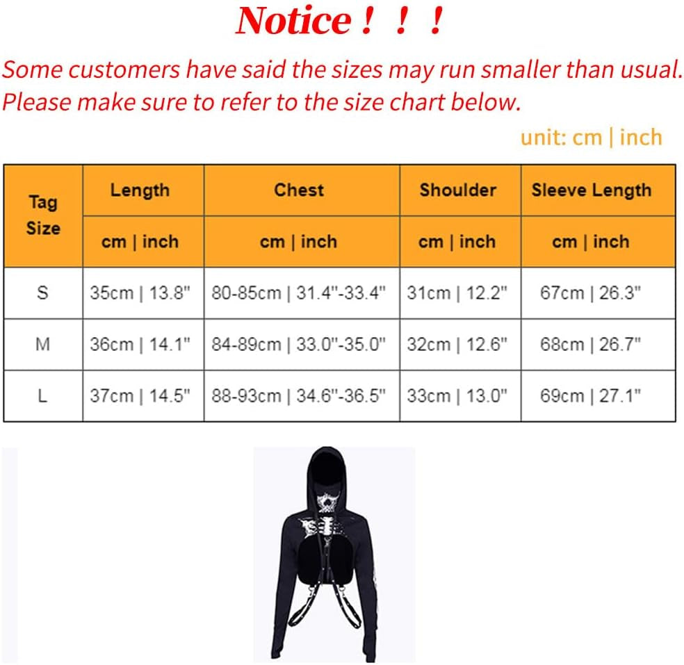 Women Gothic Punk Hoodies Bandage Crop Tops Long Sleeve Pullover Sweatshirt for Rave Festivals Streetwear