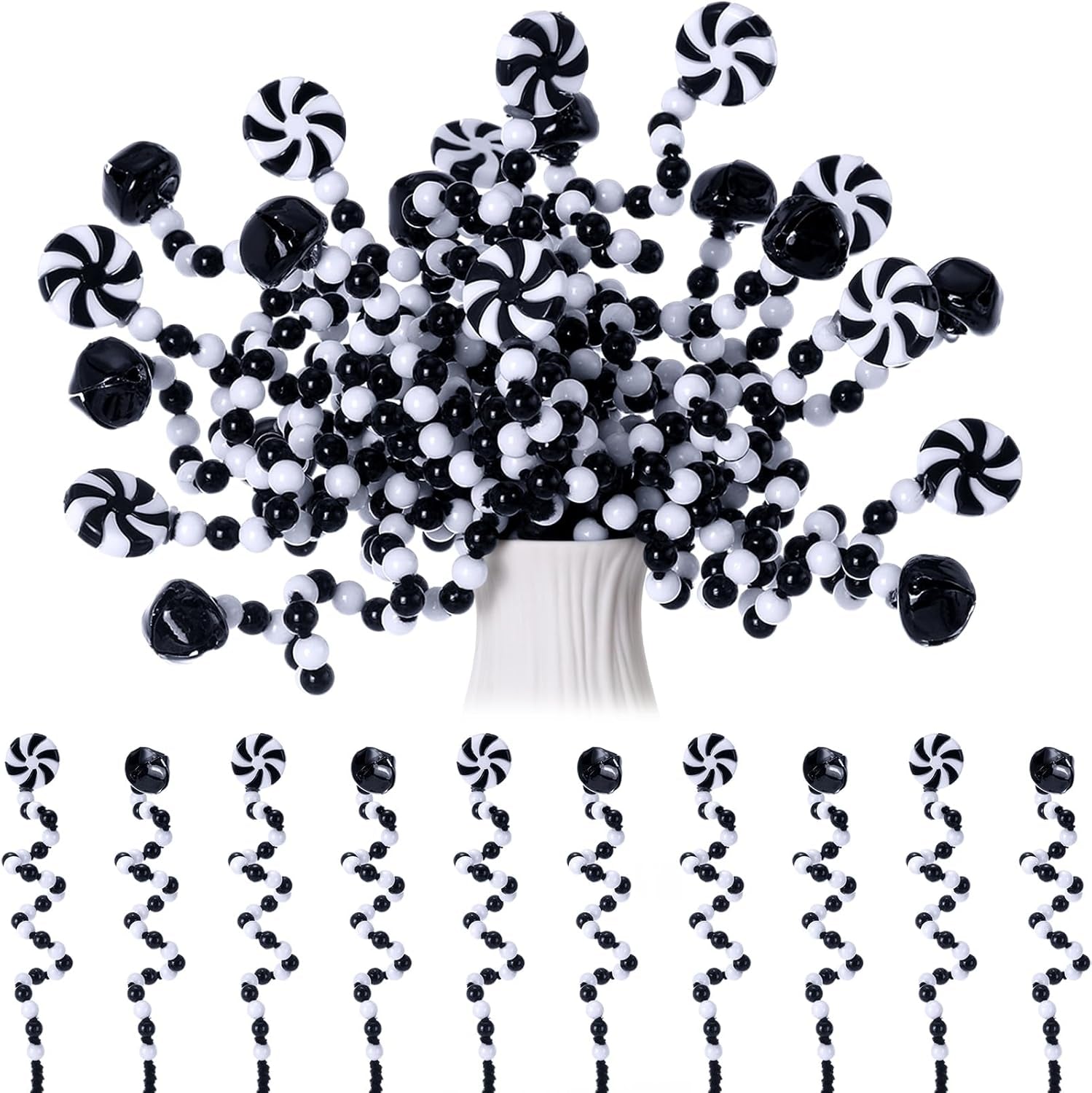 50 Pcs Christmas Curly Pick White Christmas Picks Bells Candy Cane Christmas Decorations Christmas Tree Picks for Xmas Tree Topper Decor Home Office Crafts Party Ornaments (Black White)