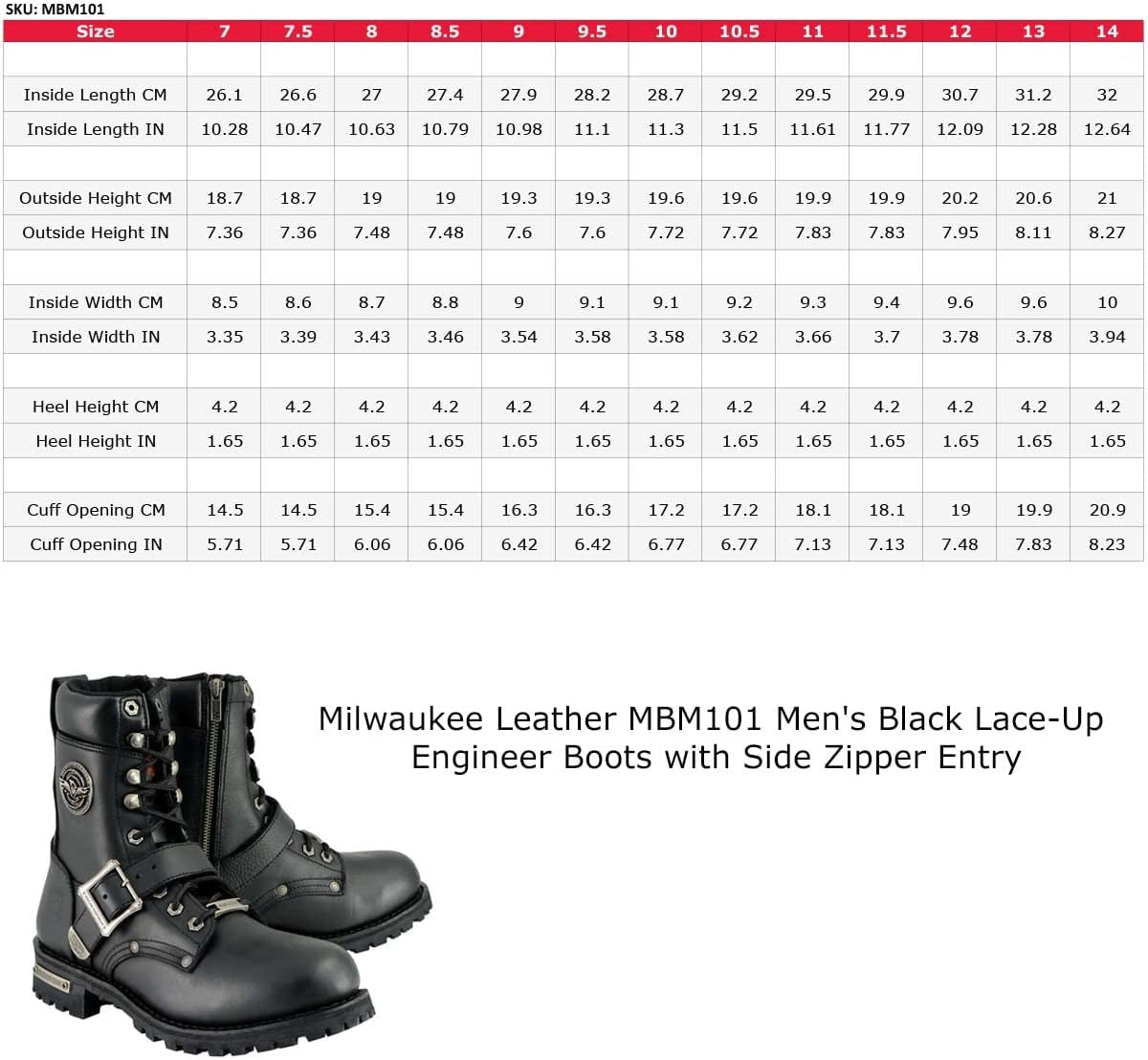 MBM101 Men'S Black Leather Lace-Up Engineer Motorcycle Boots W/Buckles and Side Zipper Entry - 10.5