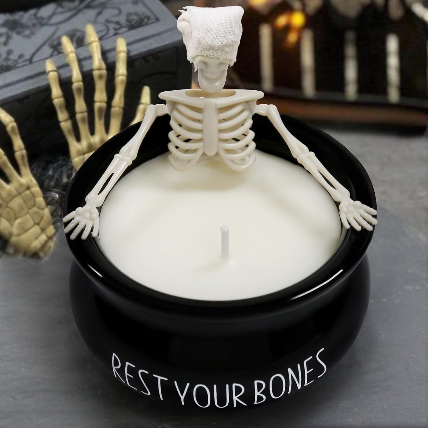 Skeleton Candle, Halloween Decor - Long Burning Soy Candle with Gothic Design, Vintage Farmhouse Decoration for Home Indoor Room Tables, Spooky Gifts for Women