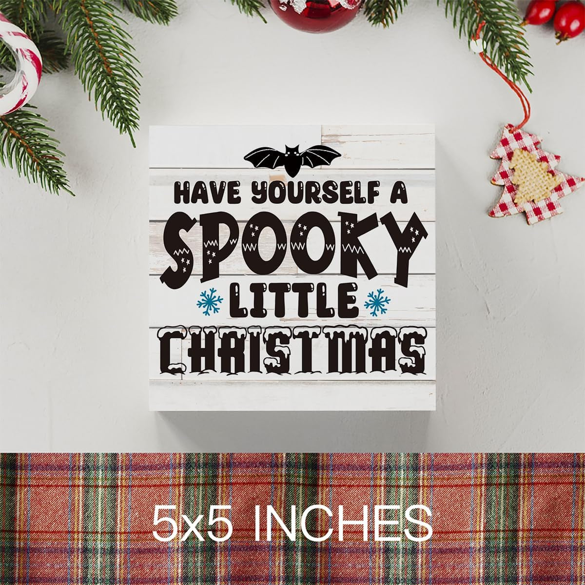 Rustic Winter Have Yourself a Spooky Little Christmas Bat Wood Box Sign, Farmhouse Christmas Santa Artwork Decor, Wood Square Sign Desk Block Signs Home Shelf Office Decoration 5 X 5 Inches