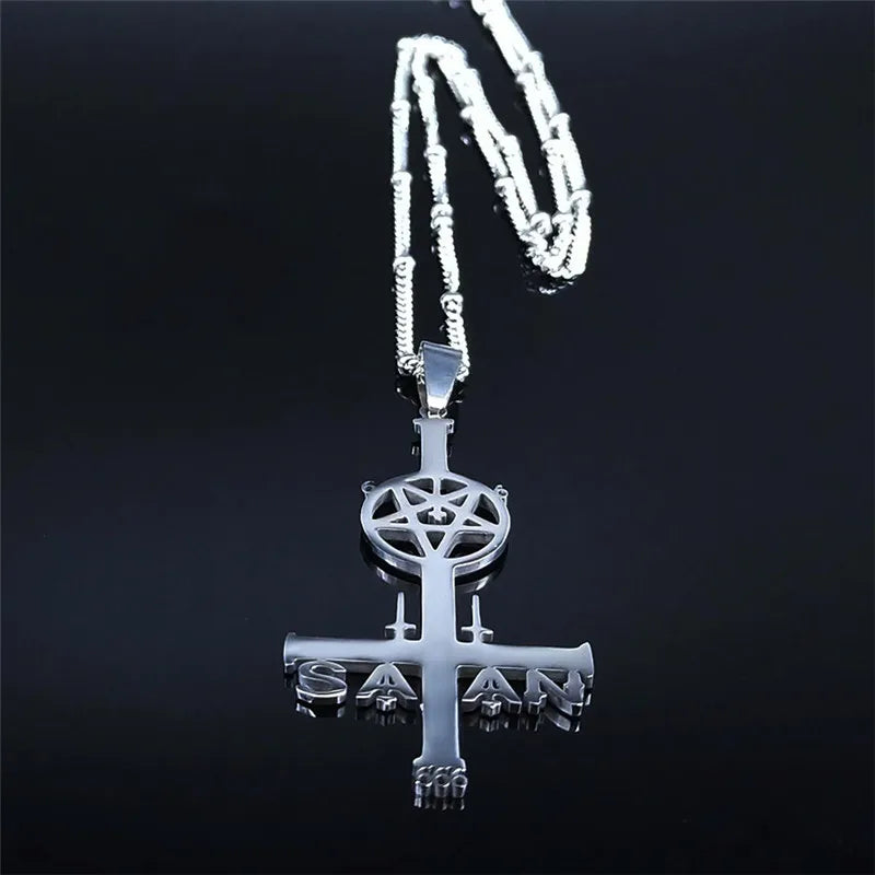 Inverted Pentagram Cross Satan Necklaces Pentacle Stainless Steel Charm Women Silver Color Necklace Jewelry Cruz Invertida N3821