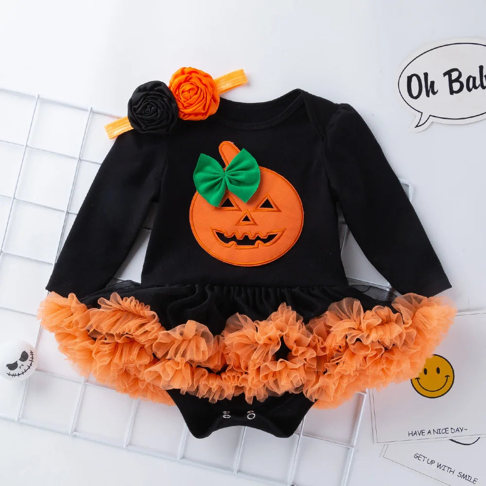 Halloween Baby Costume Girls Rompers Dresses Newborn Pumpkin Black Jumpsuits Dress Infant Cartoon Printed Children Party Outfit